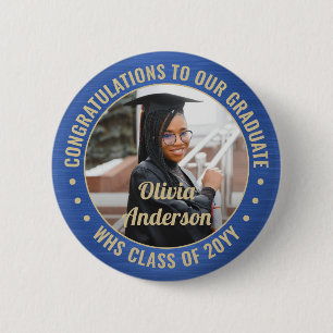 Any Text Graduation Photo Congrats Blue and Gold Button