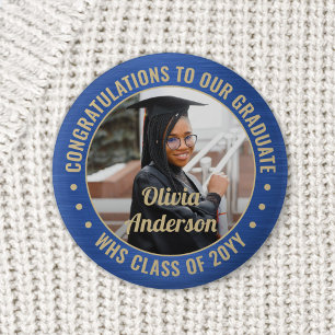 Any Text Graduation Photo Congrats Blue and Gold Button