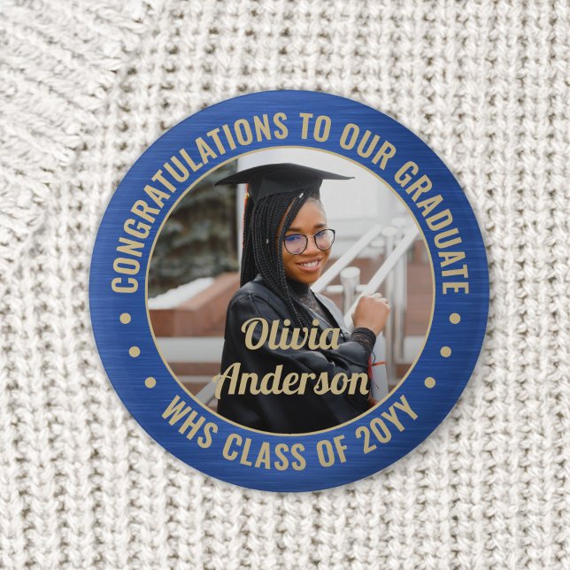 Any Text Graduation Photo Congrats Blue and Gold Button (Creator Uploaded)