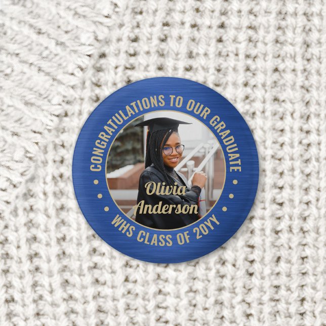 Any Text Graduation Photo Congrats Blue and Gold Button (Creator Uploaded)