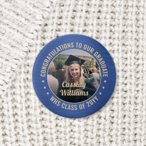 Any Text Graduation Photo Congrats Blue and Gold Button