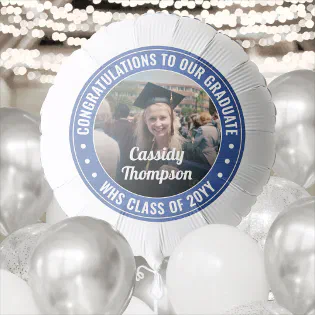 Any Text Graduation Photo Congrats Blue and White Balloon