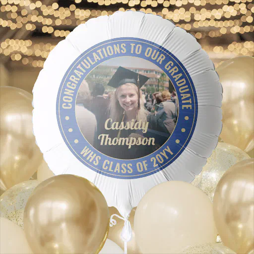 Any Text Graduation Photo Congrats Blue Gold White Balloon