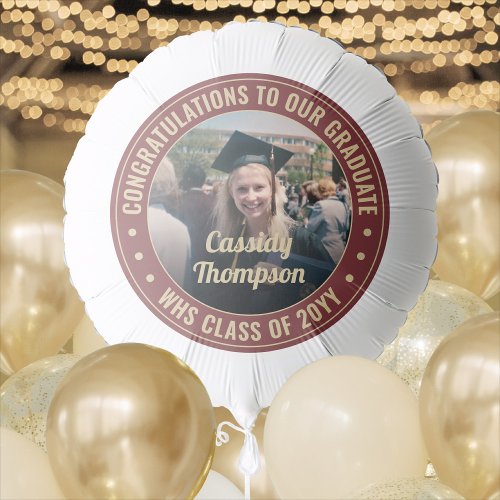 Any Text Graduation Photo Congrats Burgundy  Gold Balloon