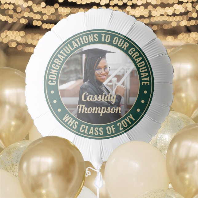 Any Text Graduation Photo Congrats Green and Gold Balloon (Creator Uploaded)