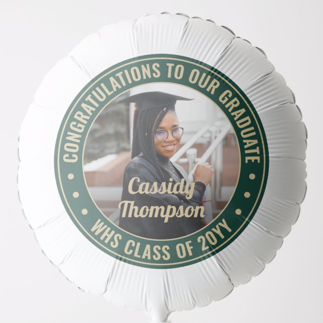 Any Text Graduation Photo Congrats Green and Gold Balloon (Front)