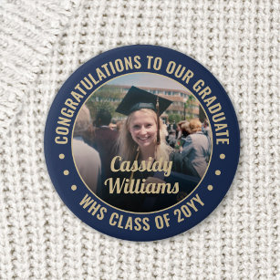 Any Text Graduation Photo Congrats Navy Blue Gold Button