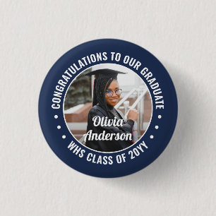 Any Text Graduation Photo Congrats Navy Blue White Button