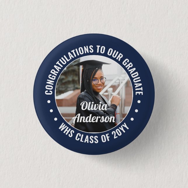 Any Text Graduation Photo Congrats Navy Blue White Button (Front)