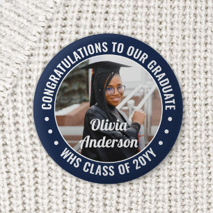 Any Text Graduation Photo Congrats Navy Blue White Button
