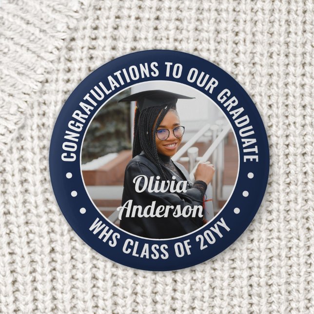 Any Text Graduation Photo Congrats Navy Blue White Button (Creator Uploaded)