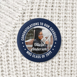 Any Text Graduation Photo Congrats Navy Blue White Button