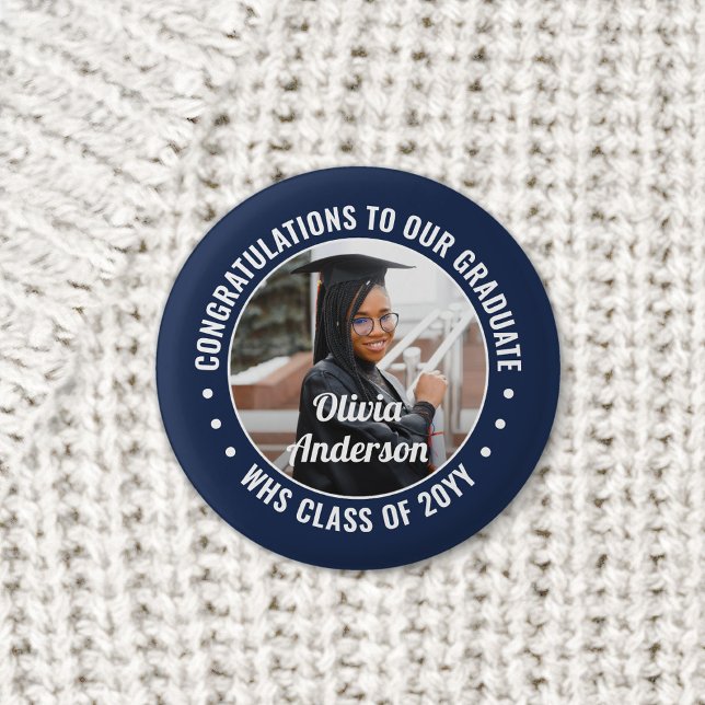 Any Text Graduation Photo Congrats Navy Blue White Button (Creator Uploaded)