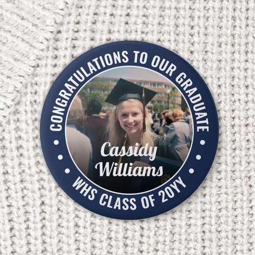 Any Text Graduation Photo Congrats Navy Blue White Button