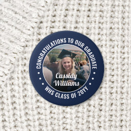 Any Text Graduation Photo Congrats Navy Blue White Button