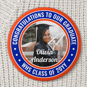Any Text Graduation Photo Congrats Orange and Blue Button