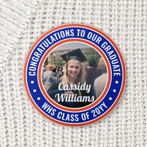 Any Text Graduation Photo Congrats Orange and Blue Button