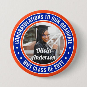 Any Text Graduation Photo Congrats Orange and Blue Button