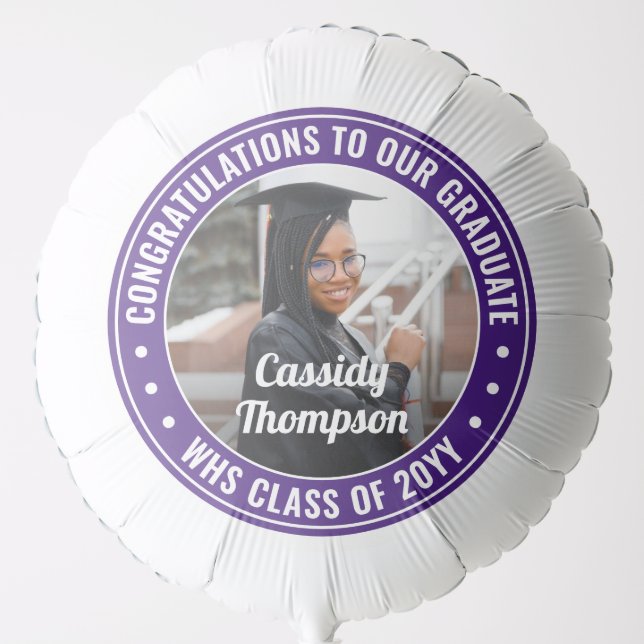 Any Text Graduation Photo Congrats Purple & White Balloon (Front)