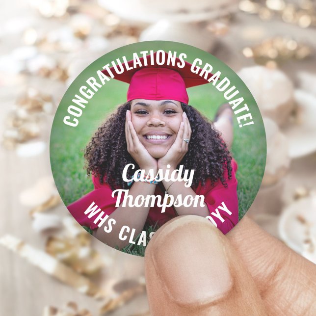 Any Text Graduation Photo Congratulations Modern Classic Round Sticker (Creator Uploaded)