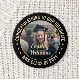 Any Text Graduation Photo Elegant Black and Gold Button