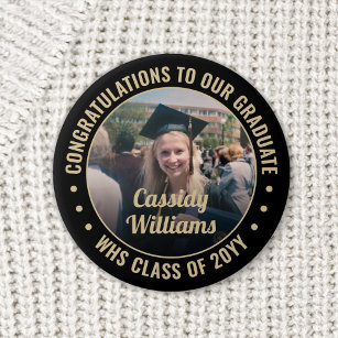 Any Text Graduation Photo Elegant Black and Gold Button