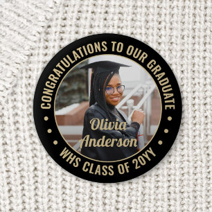 Any Text Graduation Photo Elegant Black and Gold Button