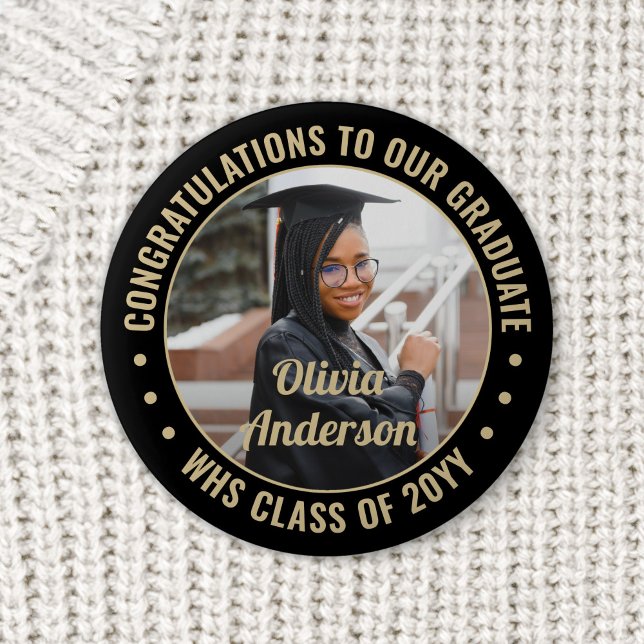 Any Text Graduation Photo Elegant Black and Gold Button (Creator Uploaded)