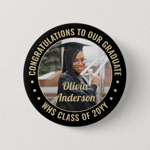 Any Text Graduation Photo Elegant Black and Gold Button