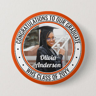 Any Text Graduation Photo Orange Black and White Button
