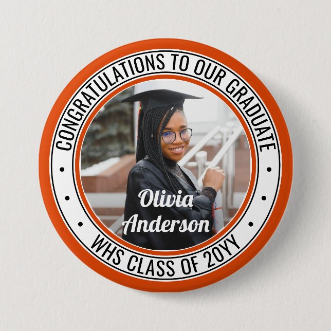 Any Text Graduation Photo Orange Black and White Button (Front)