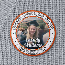 Any Text Graduation Photo Orange Black and White Button
