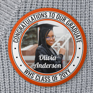 Any Text Graduation Photo Orange Black and White Button