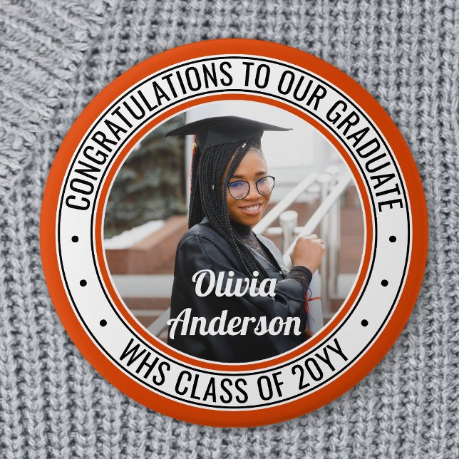 Any Text Graduation Photo Orange Black and White Button (Creator Uploaded)
