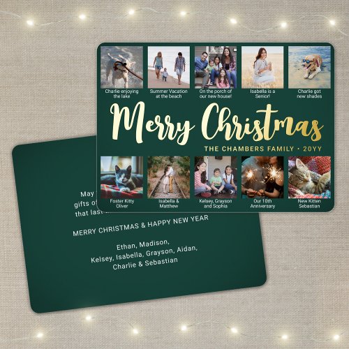 Any Text Green 10 Photo Collage Christmas Script Foil Holiday Card