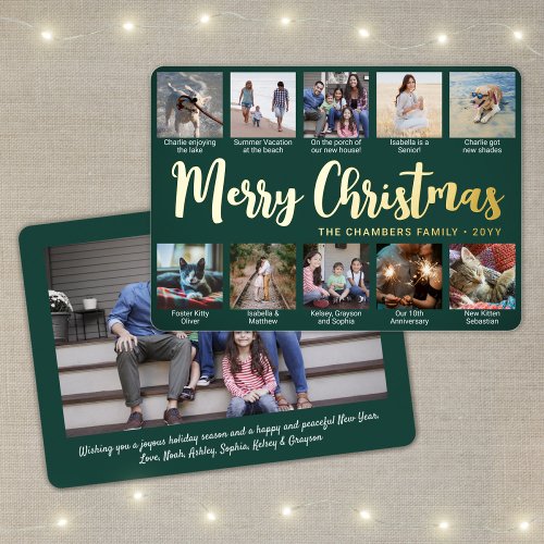 Any Text Green 11 Photo Collage Christmas Script Foil Holiday Card