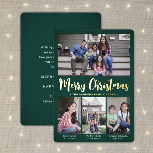Any Text Green 4 Photo Collage Christmas Script Foil Holiday Card