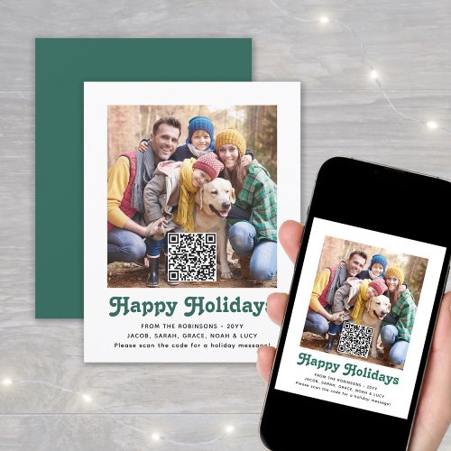 Any Text Green Retro Typography 1 Photo  QR Code Holiday Card