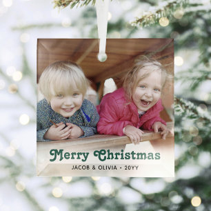 Any Text Green Retro Typography Simple Photo Glass Ornament