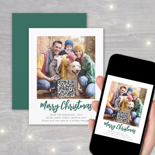 Any Text Green Script 1 Photo  QR Code Scannable Holiday Card