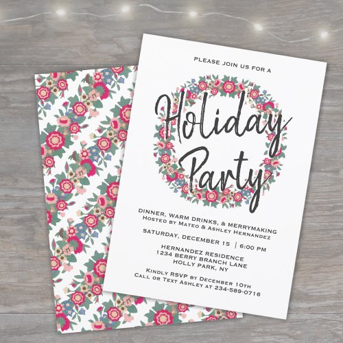 Any Text Holiday Floral Wreath Red Christmas Party Invitation
