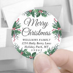 Any Text Holiday Holly Round Return Address Labels<br><div class="desc">Add a stylish finishing touch to holiday card envelopes with elegant customized round return address labels. All text on this template is simple to personalize to include any wording, such as Merry Christmas, Happy Holidays, Seasons Greetings, New Year Cheers etc. As an option, change script typography to family name, and...</div>