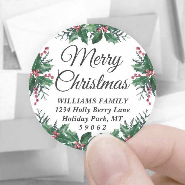 Any Text Holiday Holly Round Return Address Labels (Creator Uploaded)