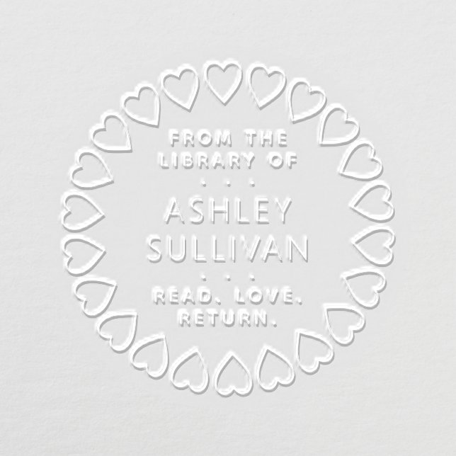 Any Text Library Bookplate Modern Hearts Round Embosser (Design)