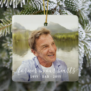 Any Text Memorial 2 Photo Simple White Script Ceramic Ornament