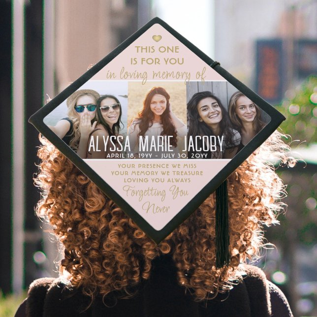 Any Text Memorial Photo Collage Blush Pink & Gold Graduation Cap Topper (Creator Uploaded)