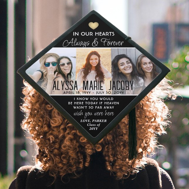 Any Text Memorial Photo Collage Elegant Gold Heart Graduation Cap Topper (Creator Uploaded)