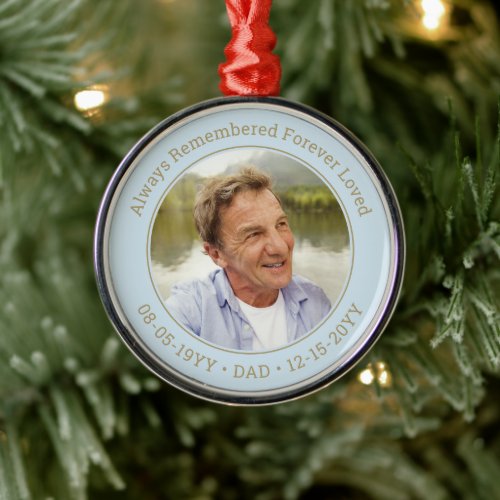 Any Text Memorial Photo Light Blue  Gold Round Metal Ornament