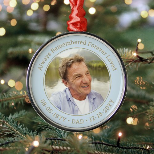 Any Text Memorial Photo Light Blue  Gold Round Metal Ornament