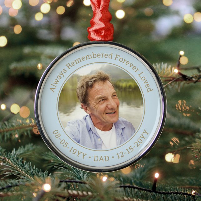 Any Text Memorial Photo Light Blue & Gold Round Metal Ornament (Creator Uploaded)